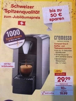 [Netto MD Bundesweit] Cremesso Compact One II Kapselmaschine Mit 1014 Deutschlandcard-Punkten -> Somit Effektiv Für 19,85