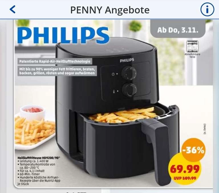 PHILIPS Heißluftfritteuse HD9200/90 Offline: Penny