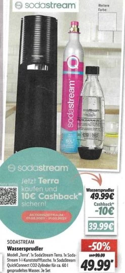 [Lidl] Sodastream Terra Rechnerisch 39,99 € (Angebotspreis 49,99 € Abzgl.10€ Cashback), Ab 13.03.2023
