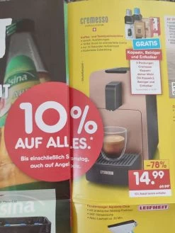 [Meschede] Netto 10% Auf Alles, U.a. Cremesso Kaffeekapselmaschine Inkl. 16 Kapseln, Reiniger, Entkalker