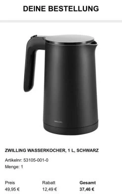 [CB] ZWILLING ENFINIGY Wasserkocher, 1 L Schwarz Oder Silber