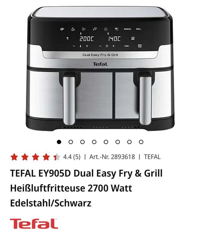 Airfryer 149€ - TEFAL EY905D Dual Easy Fry & Grill - Bunte Black Deals