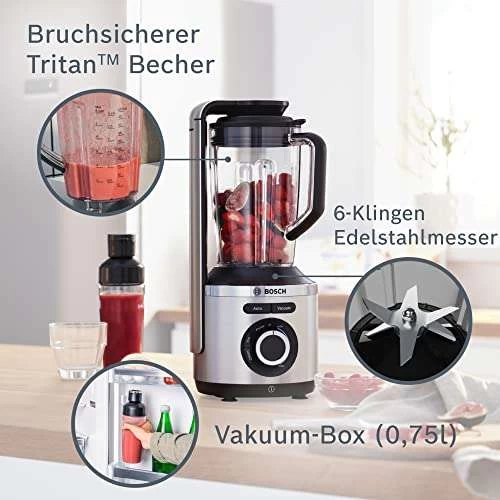 Bosch Vakuum-Standmixer VitaPower Serie 8 MMBV621M, 4 Automatikprogramme, Vakuum-ToGo Flasche, 37,000 U/min, 1000 W, Silber – Bild 3