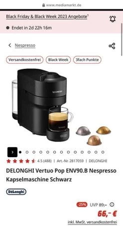 DELONGHI Vertuo Pop ENV90.B Nespresso Kapselmaschine Schwarz Und AEROCCINO 3 Milchaufschäumer + 50 Kapseln Gratis