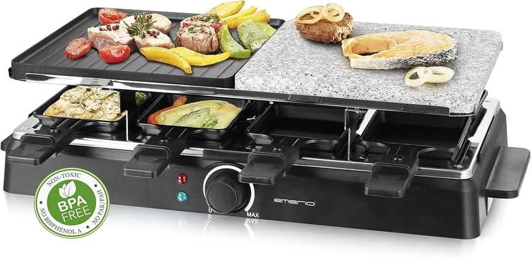 Emerio Raclette-Grill RG-126708 (1400W, 42x21cm, 8 Pfännchen, Antihaftbeschichtung)