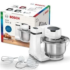 Bosch Küchenmaschine MUM Serie 2 MUMS2EW00, Edelstahl-Schüssel 3,8 L, Planetenrührwerk, Knethaken, Schlag-, Rührbesen Edelstahl