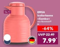 EMSA Isolierkanne Samba, 1 Liter, Farbe: Rose, Weiß, Blau - Z.B. Rose